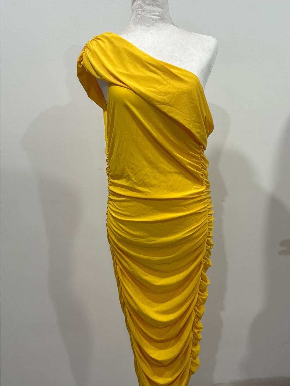 Fashion Nova One-Shoulder Draped Yellow Ruched Midi Dress